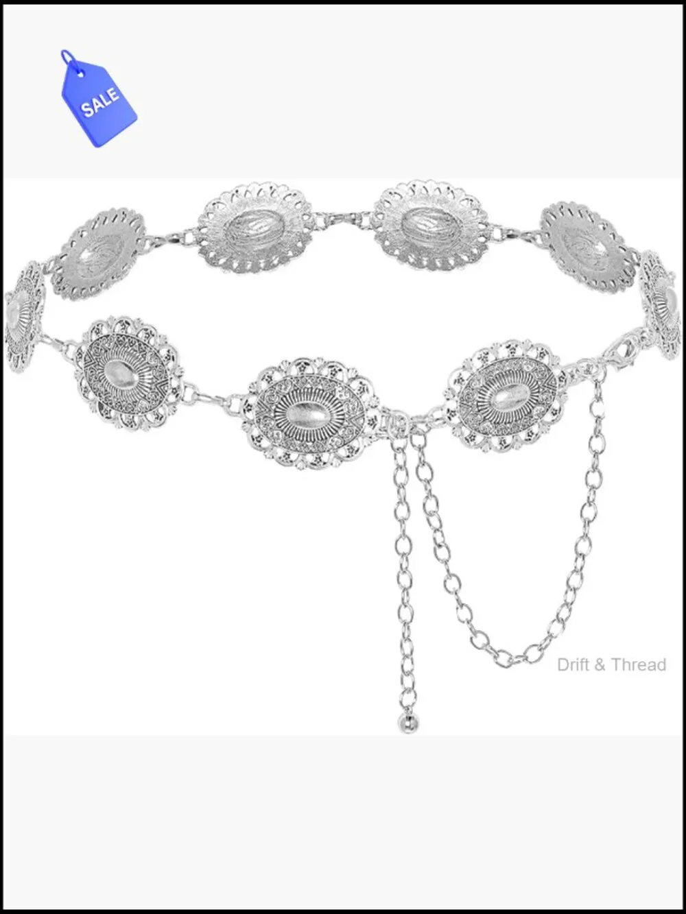 Vintage Oval Concho Chain Belt for Women - Metal Waist Chain for Dresses Jeans